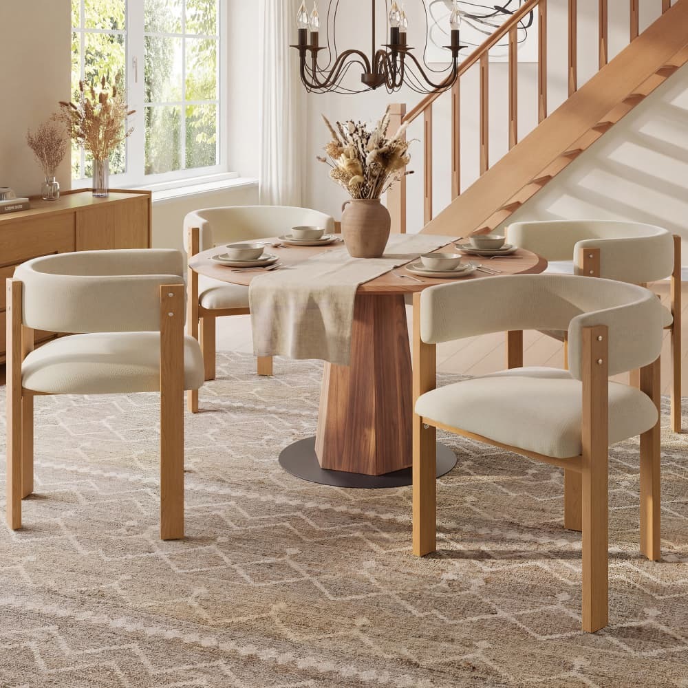 Silla de comedor tapizada beige set de 4 patas efecto madera