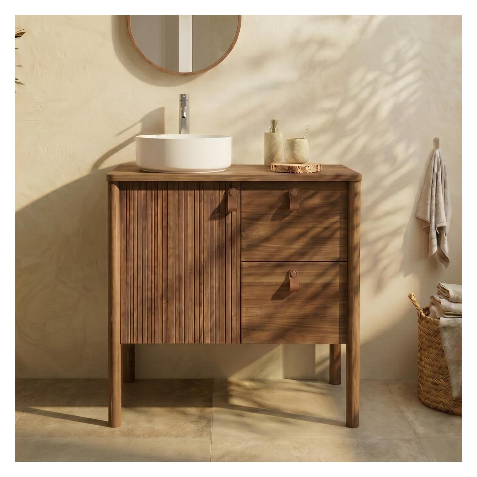 Mueble roble 80cm patas lavabo blanco y grifo joy