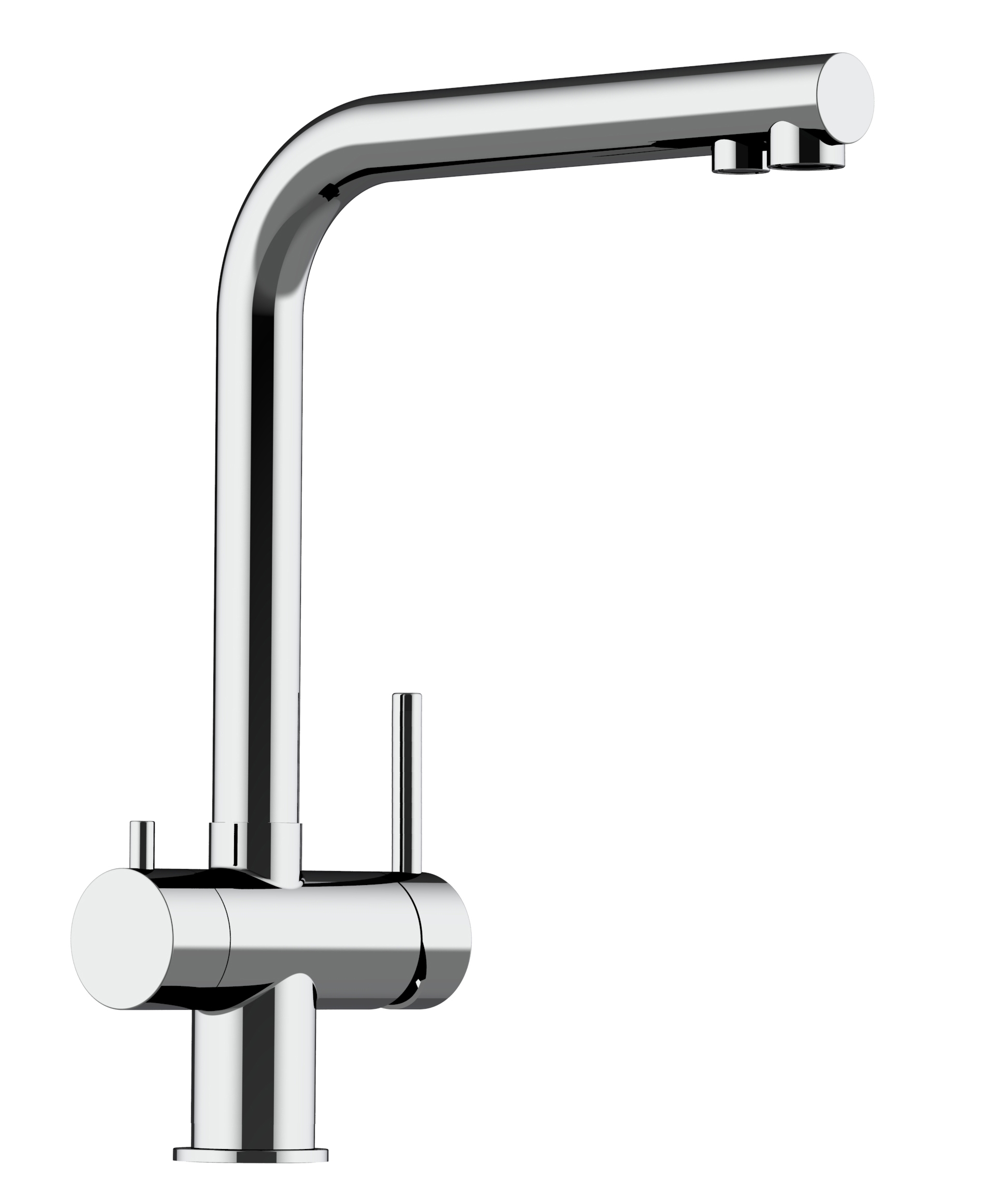Grifo de cocina 3 vías acero inox pulido caño L giratorio