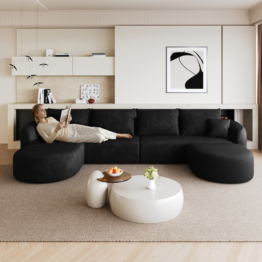 Sofá en u modular de tela negro 4 plazas sin montaje