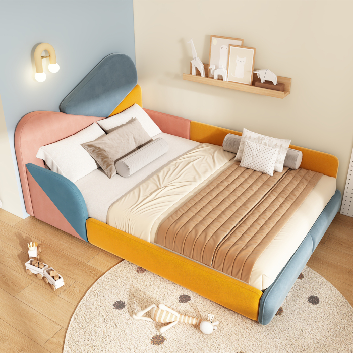 Cama tapizada 140x200cm con protección lateral terciopelo multicolor