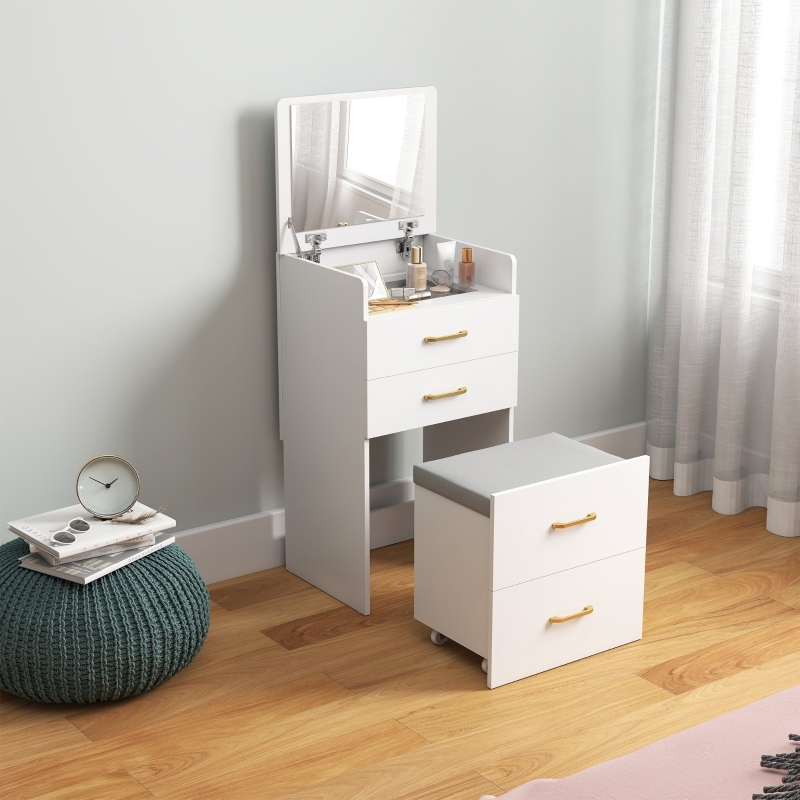 Tocador 3 en 1 con espejo y taburete con ruedas blanco 90x48x40cm