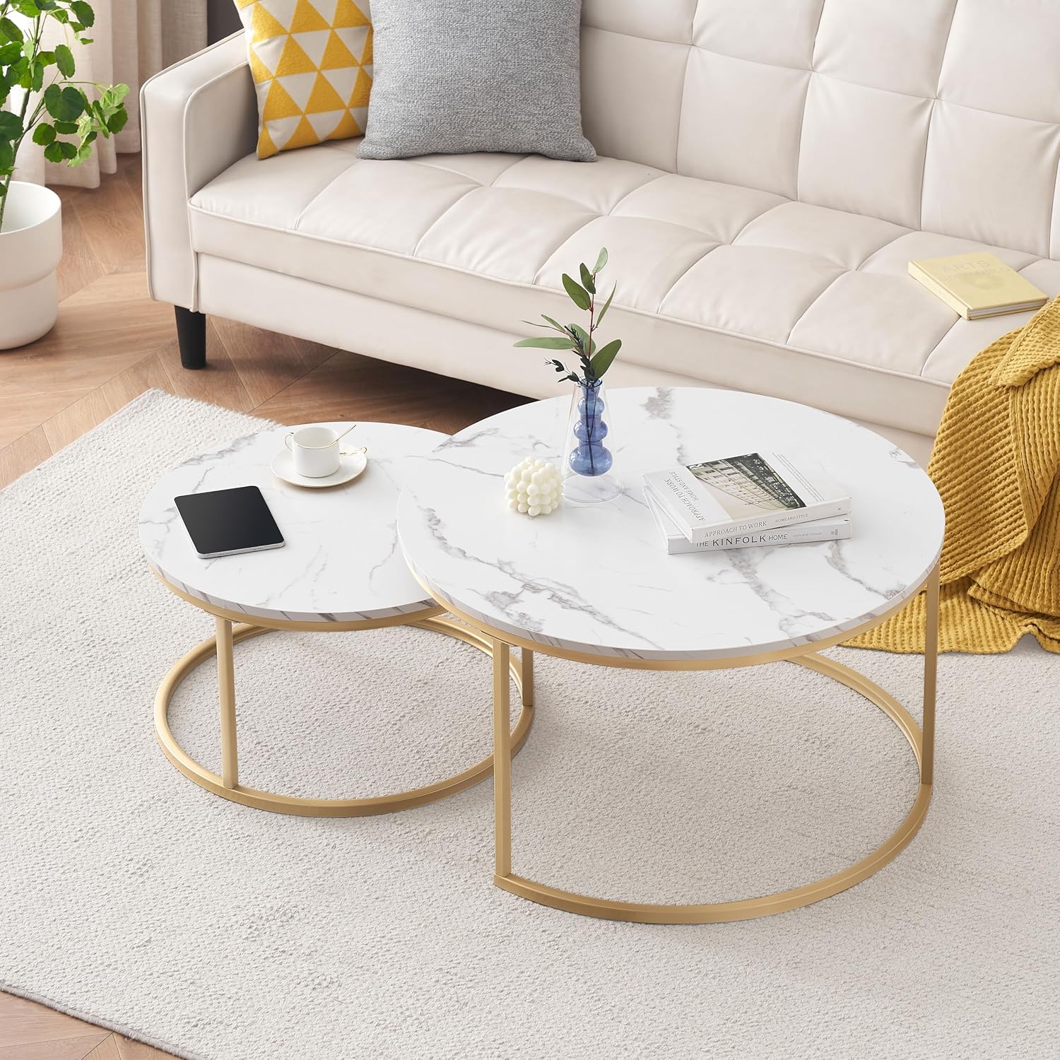 Mesa de centro 2 piezas - mesas nido apilables - mdf y hierro dorado+blanco
