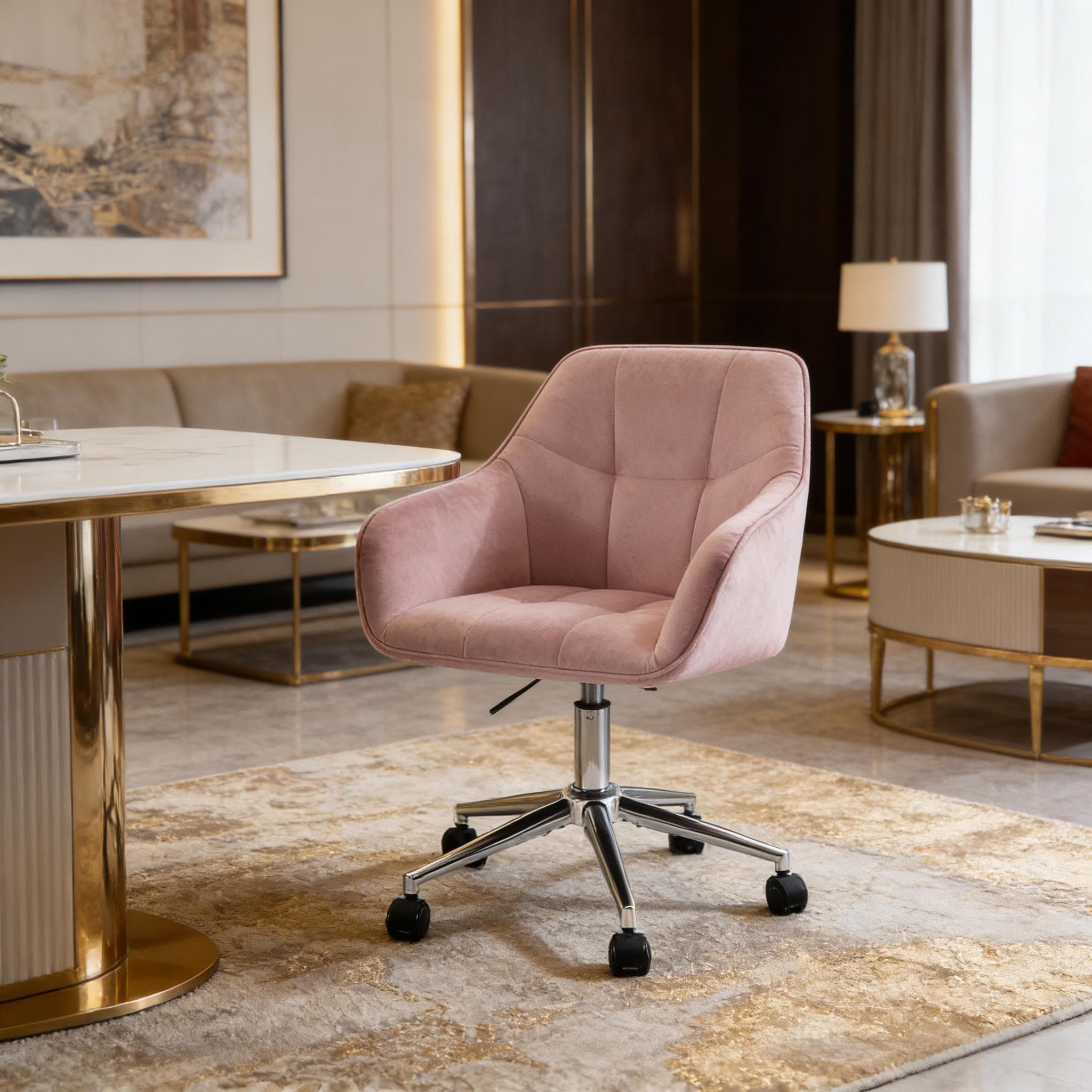 Silla oficina ergonómica terciopelo rosa giratoria