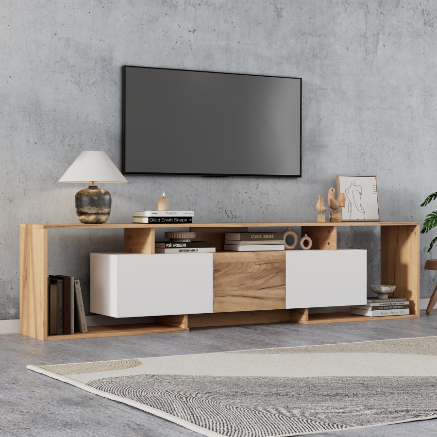 Mueble de tv con 2 puertas abatibles 1 puerta blanco y natural 49x180x30cm