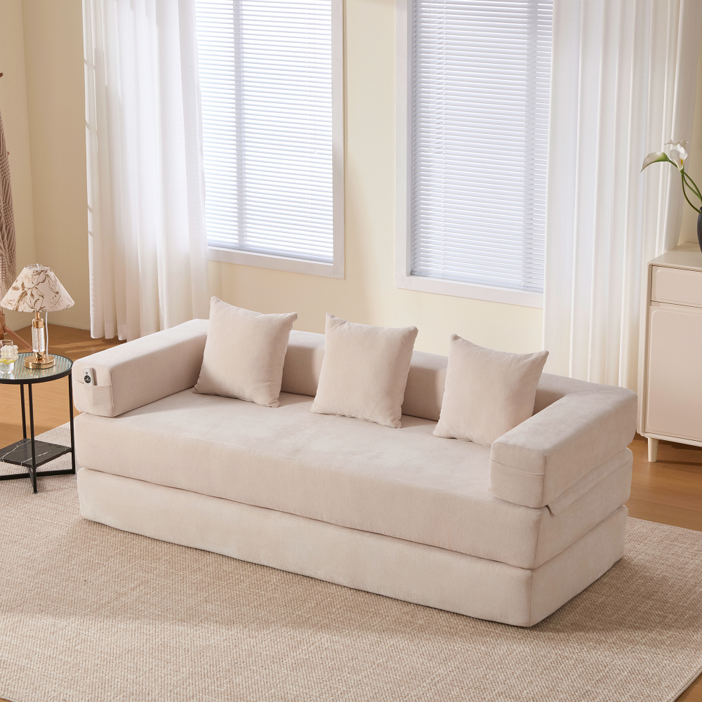 Sofá modular chenilla beige 3 plazas convertible bolsillos antideslizante