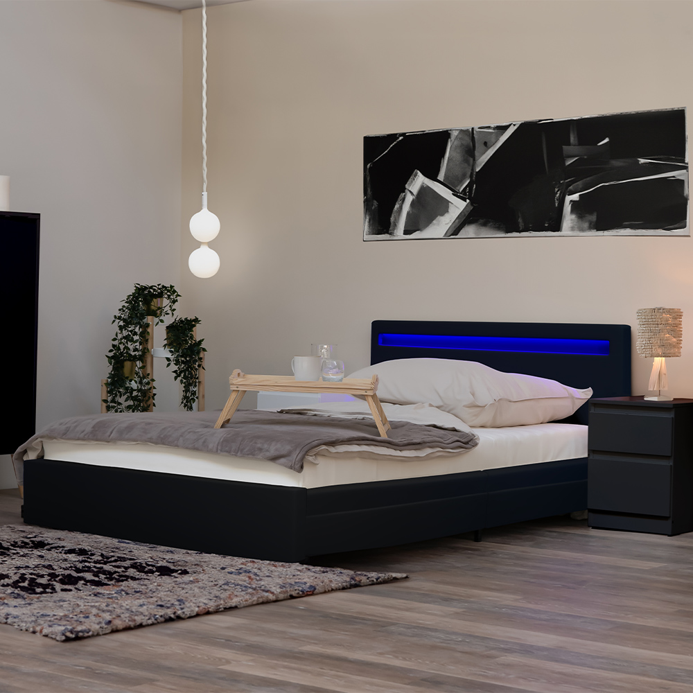 Cama LED con cajones y colchón nube - 180 x 200 cm negro
