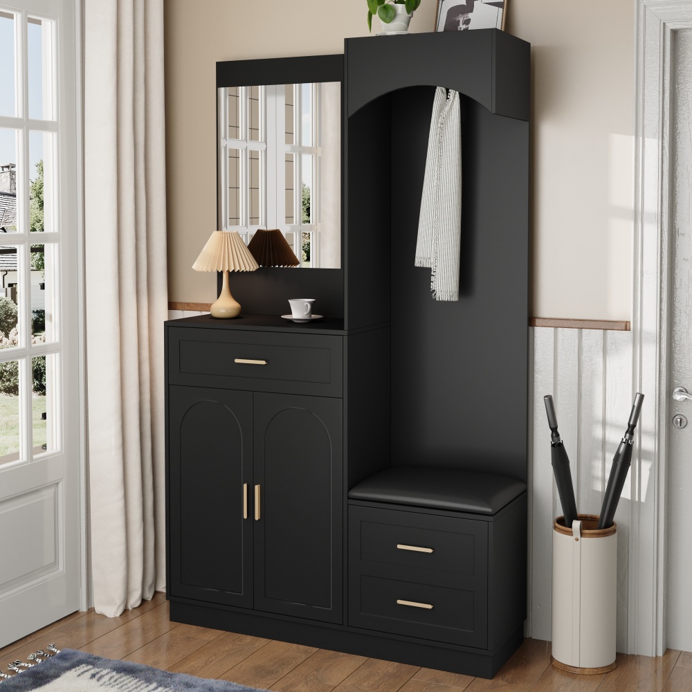 Mueble recibidor con zapatero espejo y banco negro 185,5x110x33cm