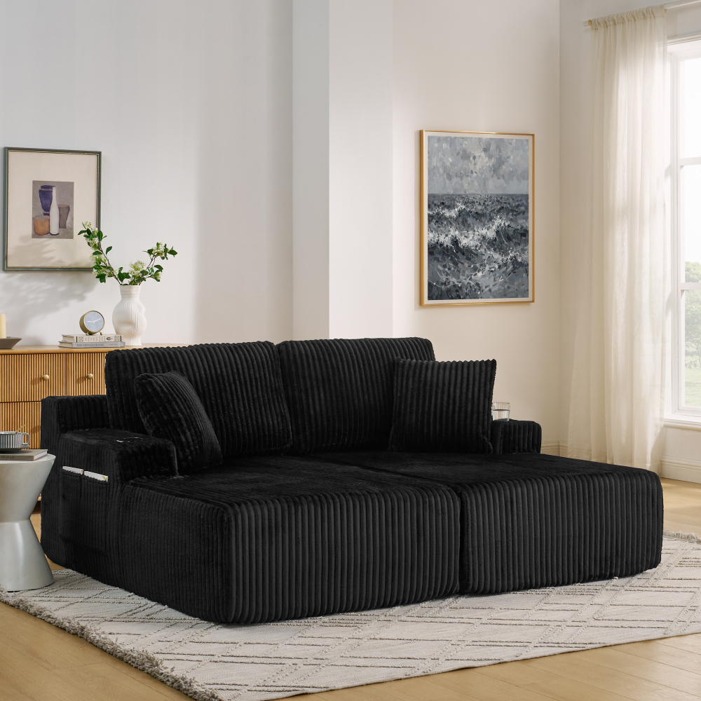 Sofá cama 2 plazas espuma negro con portavasos y cojines