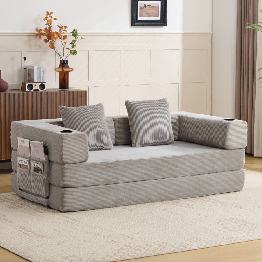 Sofá cama plegable de pana gris claro con portavasos y bolsillos laterales