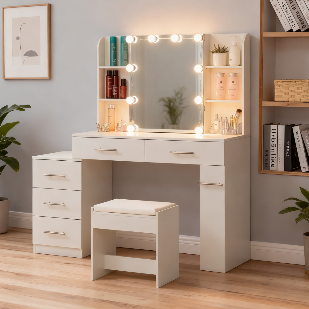 Tocador con espejo deslizante LED y cajonera ajustable blanco