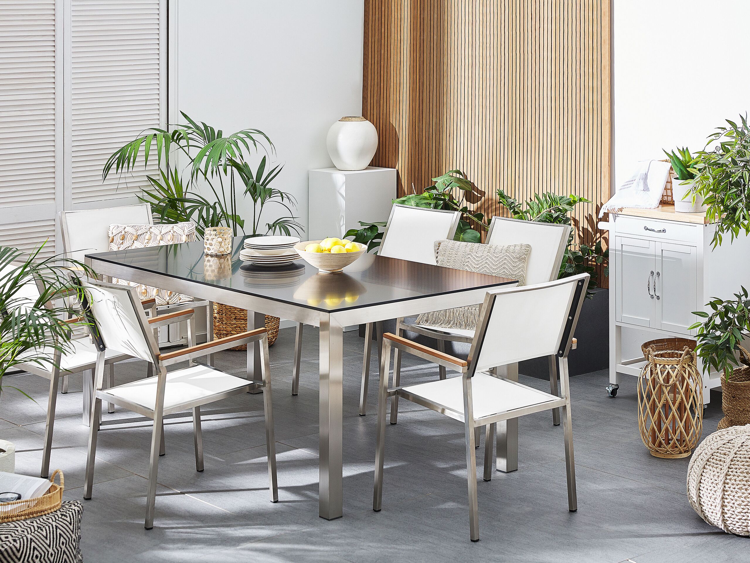 Conjunto de comedor exterior 6 plazas grosseto granito pulido negro/blanco