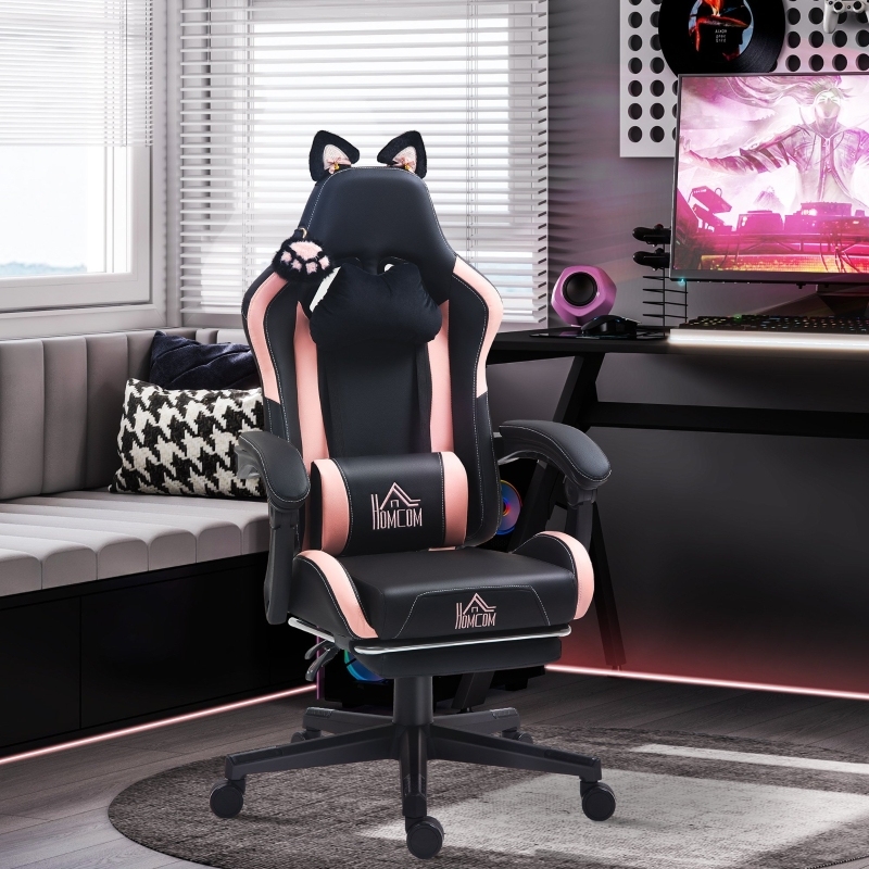 Silla de oficina ergonómica de piel sintética negra con reposapiés
