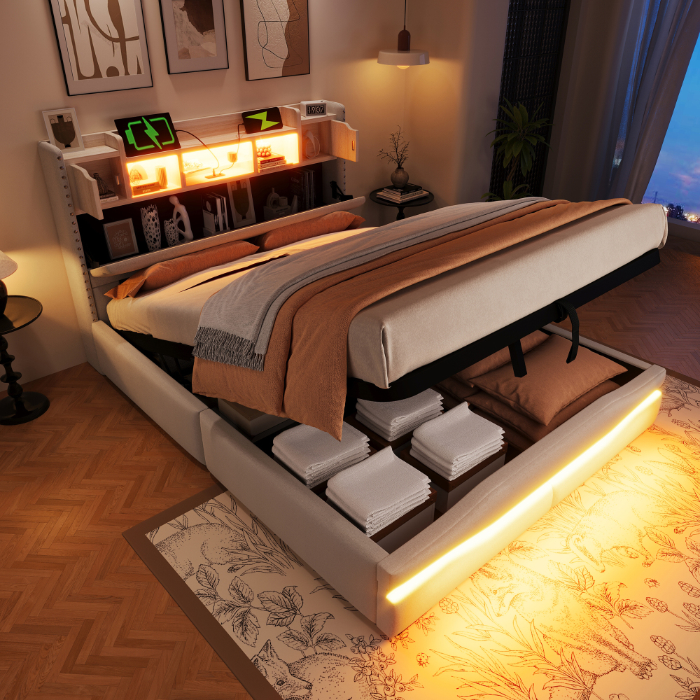 Cama doble tapizada 140x200cm con canapé hidráulico, LED y usb lino – beige