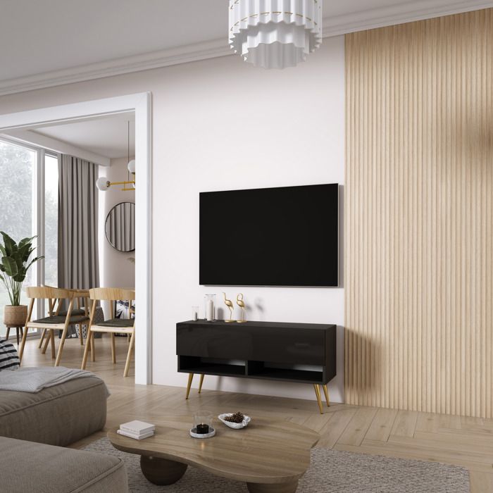 Mueble tv de diseño - negro mate, patas doradas - 100 cm