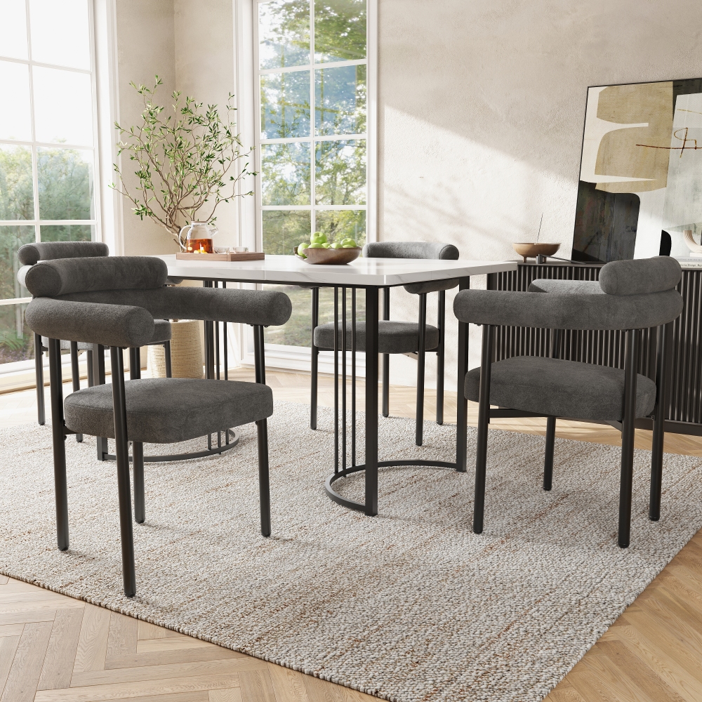 Conjunto de mesa y sillas gris blanco 4 sillones terciopelo metal