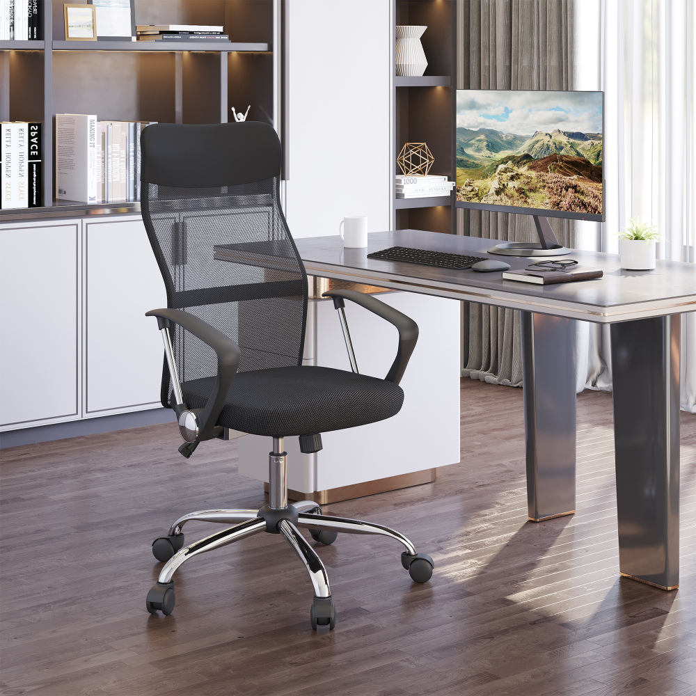 Silla de oficina malla negra giratoria con altura ajustable y balanceo
