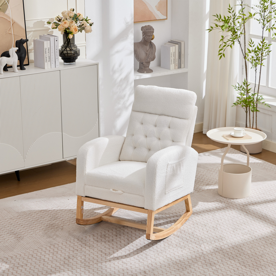 Sillón mecedor de peluche blanco con reposapiés y bolsillos 136 kg