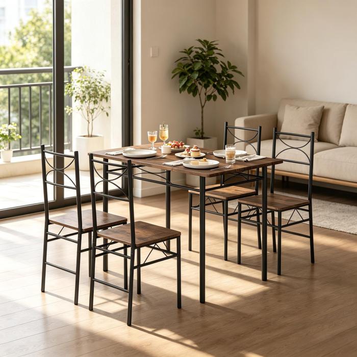 Conjunto de mesa y sillas de comedor 4 plazas madera rustica marron y negro