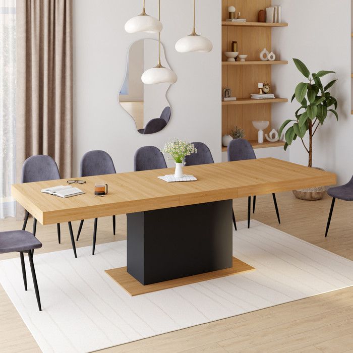 Mesa de comedor extensible de madera y negro - 200-250 cm