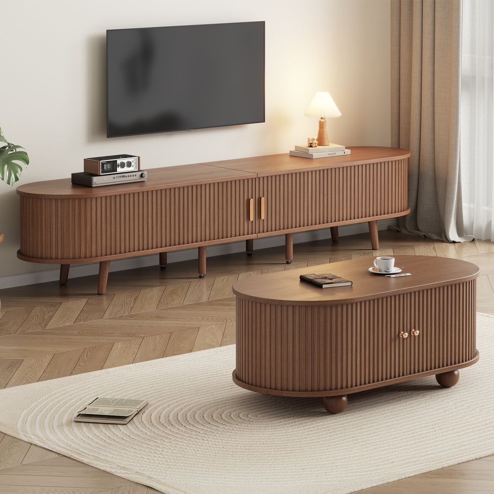 Mueble de tv y mesa de centro con almacenaje mdf nogal 42x175x40cm