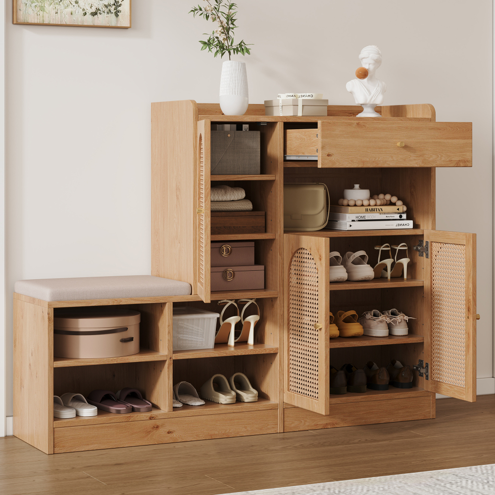 Zapatero con banco acolchado 3 puertas 1 cajón natural 110x142x35cm