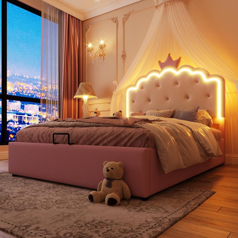Cama de princesa con almacenaje hidráulico LED 140x200cm rosa