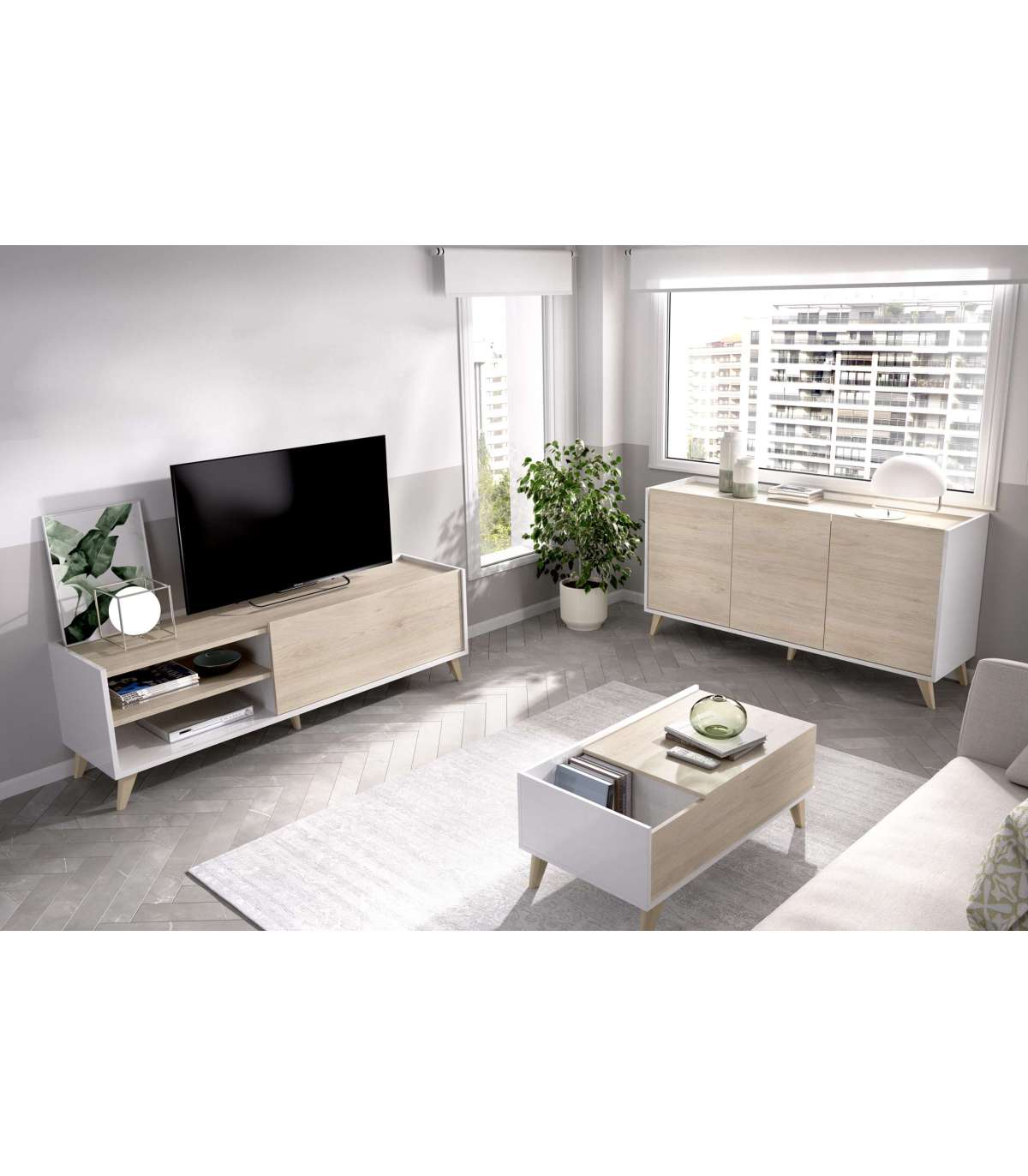 Conjunto salón moderno con aparador mueble tv y mesa centro