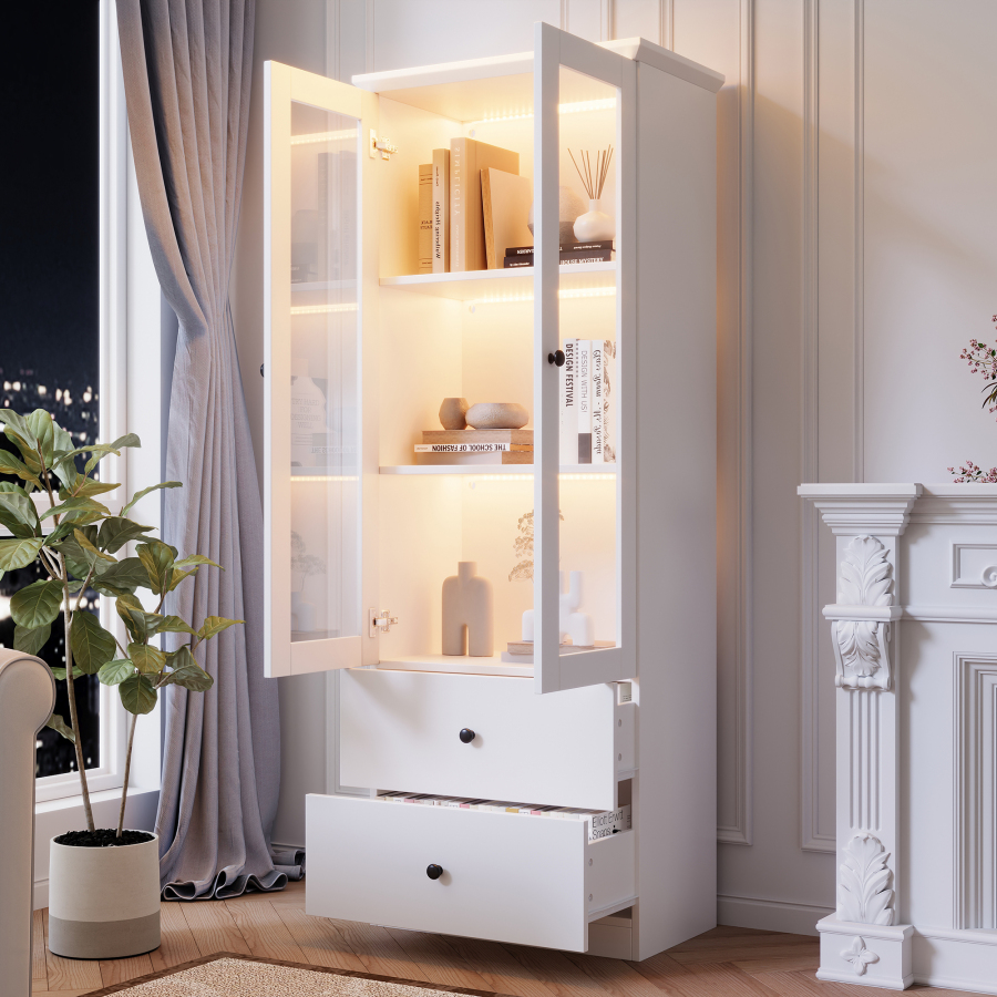 Vitrina con LED usb 2 puertas y 2 cajones blanco 165x60x35,5cm