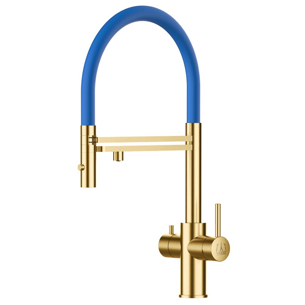 Grifo de cocina 5 vías acero inox ducha 2 chorros, pvd oro satinado/azul