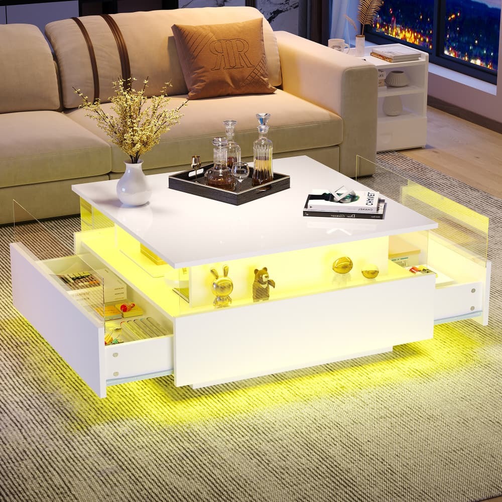 Mesa de centro con LED y 2 cajones blanca 41x70x70cm