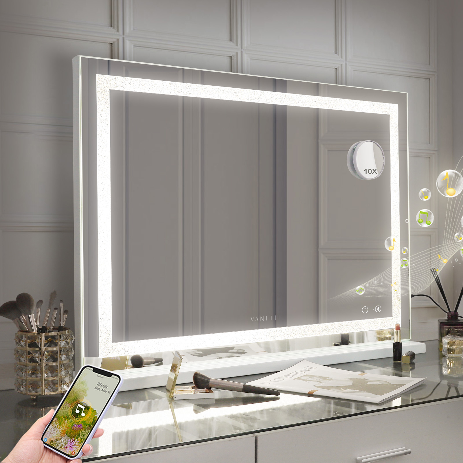 VANITII Espejo maquillaje con luz bluetooth tocador pared blanco 80 x 58 cm