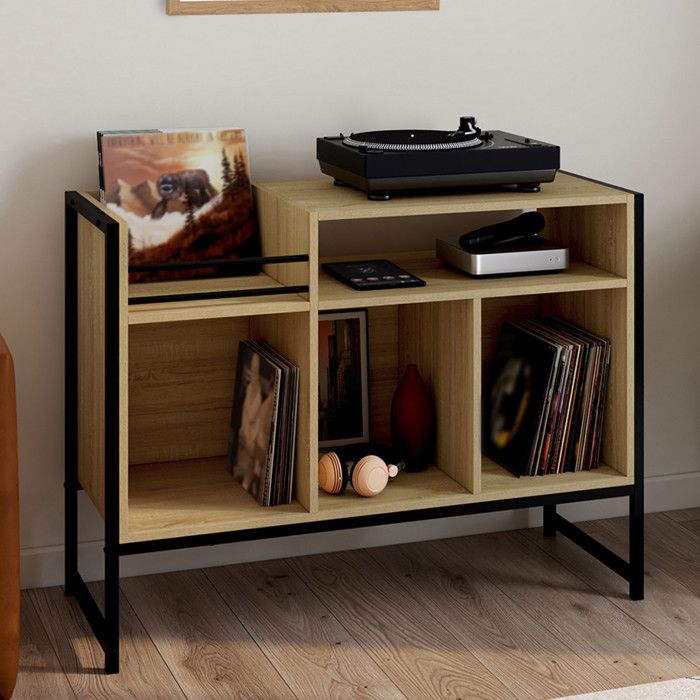 Mueble vinilo industrial madera y negro - 100 cm
