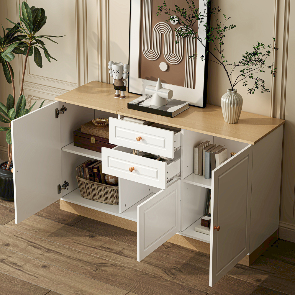 Aparador salón/comedor 3 puertas 2 cajones blanco+madera 76x135,5x39cm