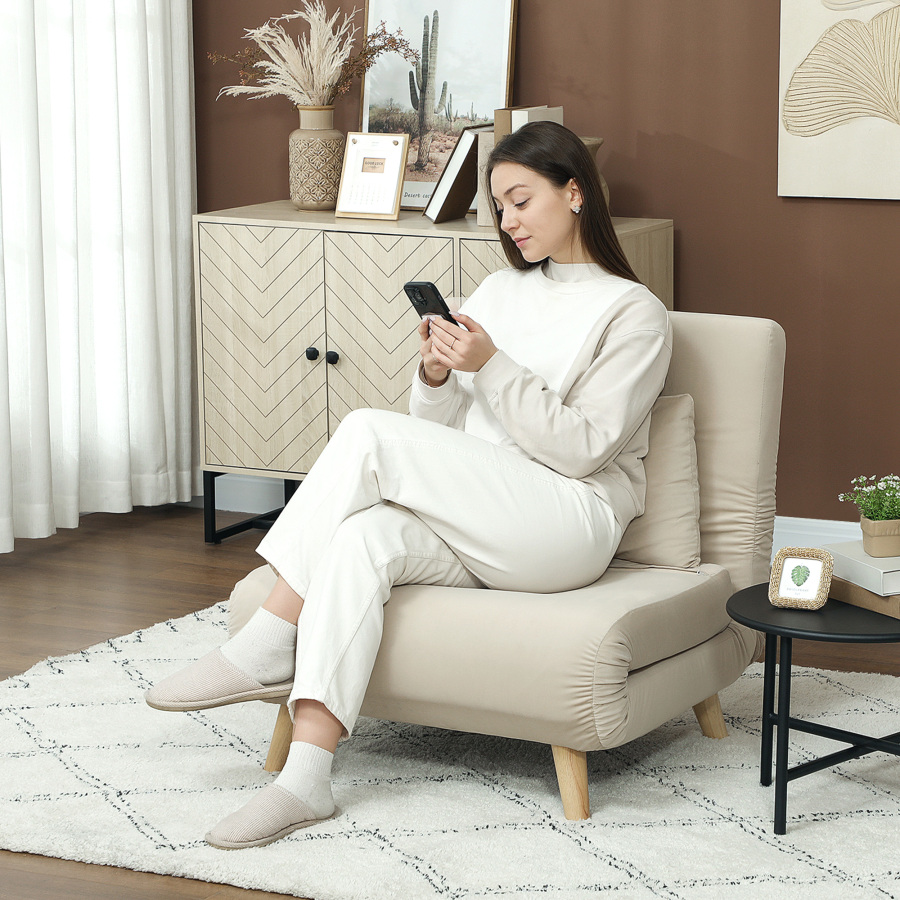 Sillón cama plegable terciopelo beige 1 plaza respaldo ajustable para salón