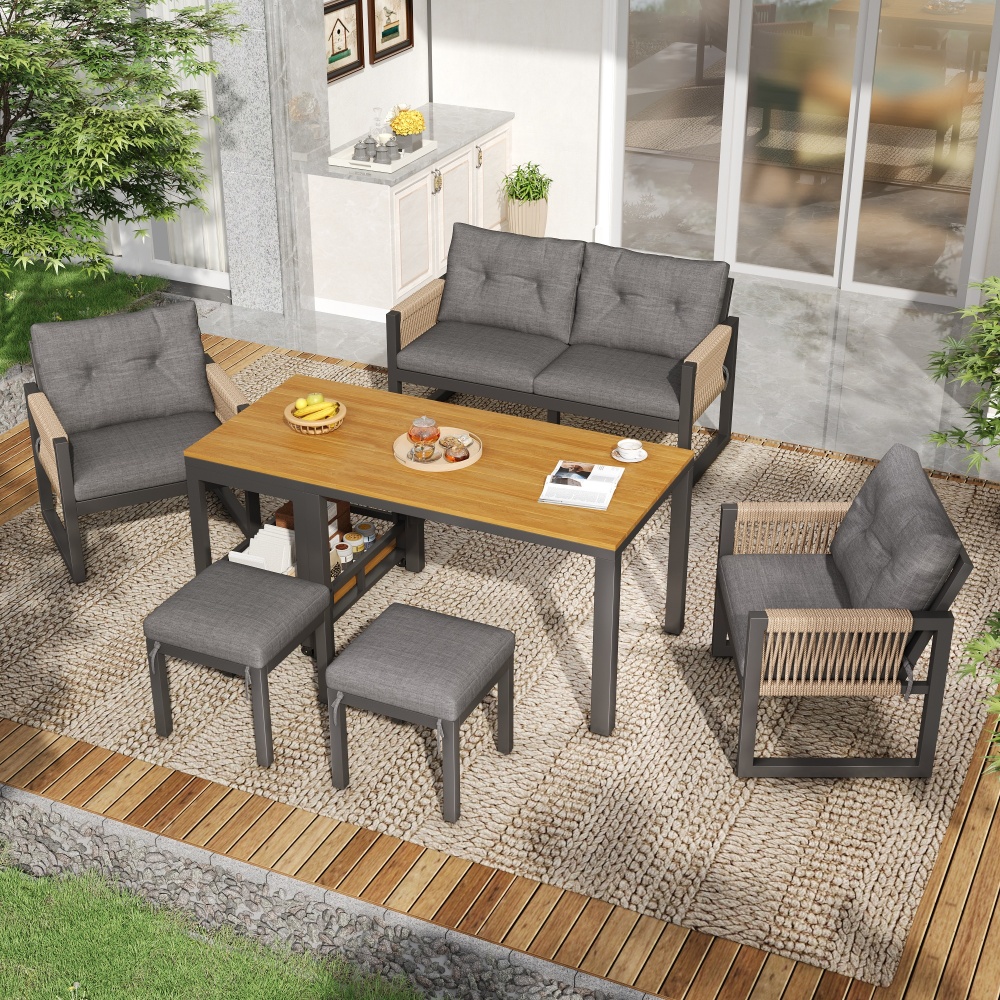 Conjunto sofás de jardín 6 plazas con mesa desmontable y cojines