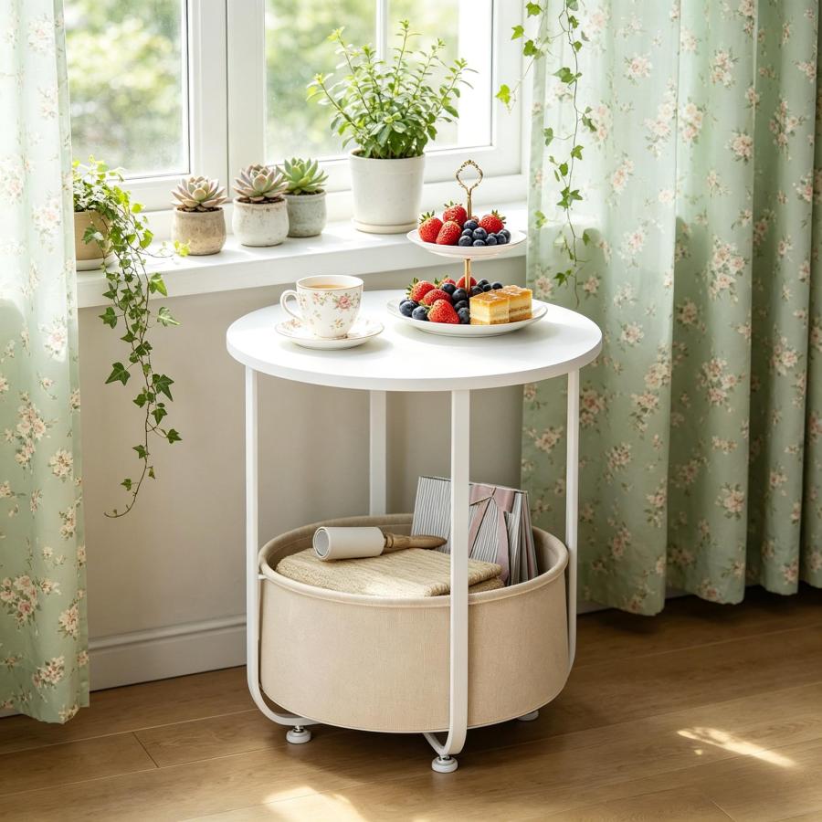 Mesa auxiliar redonda con cesta madera y metal blanca 50x45x45cm