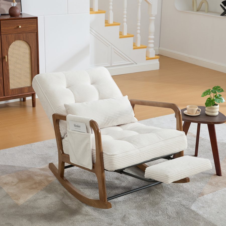 Sillón mecedor de terciopelo beige con reposapiés y bolsillo lateral