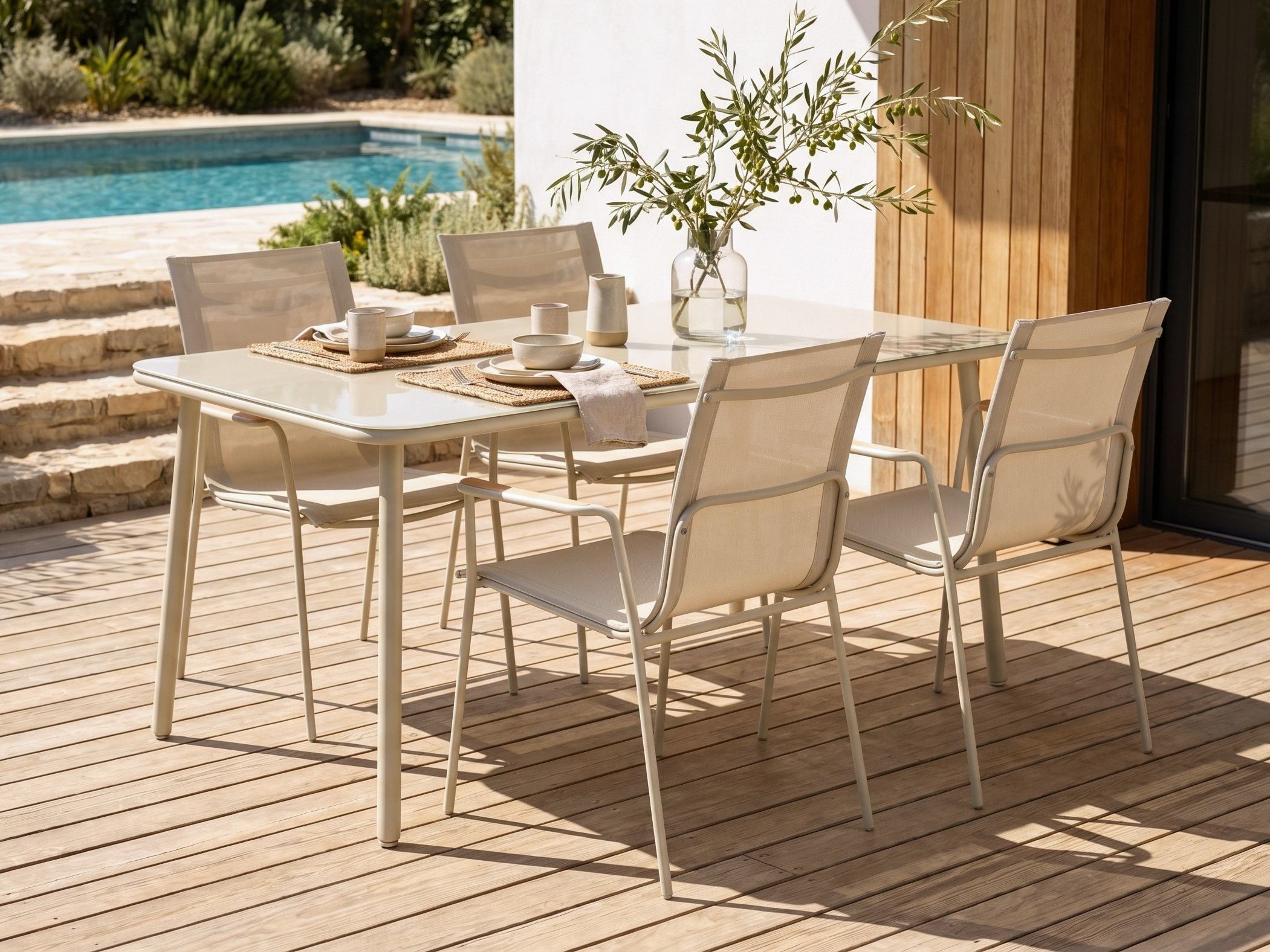 Conjunto de comedor exterior 4 plazas caravino metal beige claro