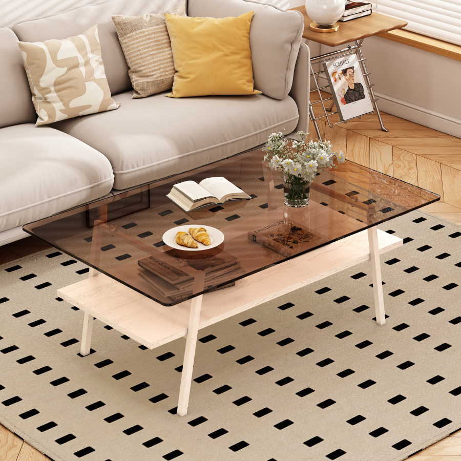 Mesa de centro para salón cristal templado mdf marrón blanco 42,5x98x58cm