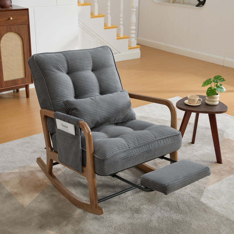 Sillón mecedor reclinable de pana gris con reposapiés y bolsillo lateral