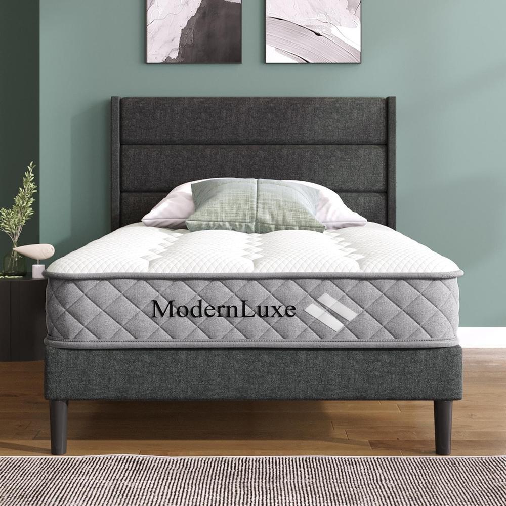 Cama 90x200cm con somier de láminas, cabecero y colchón gris oscuro