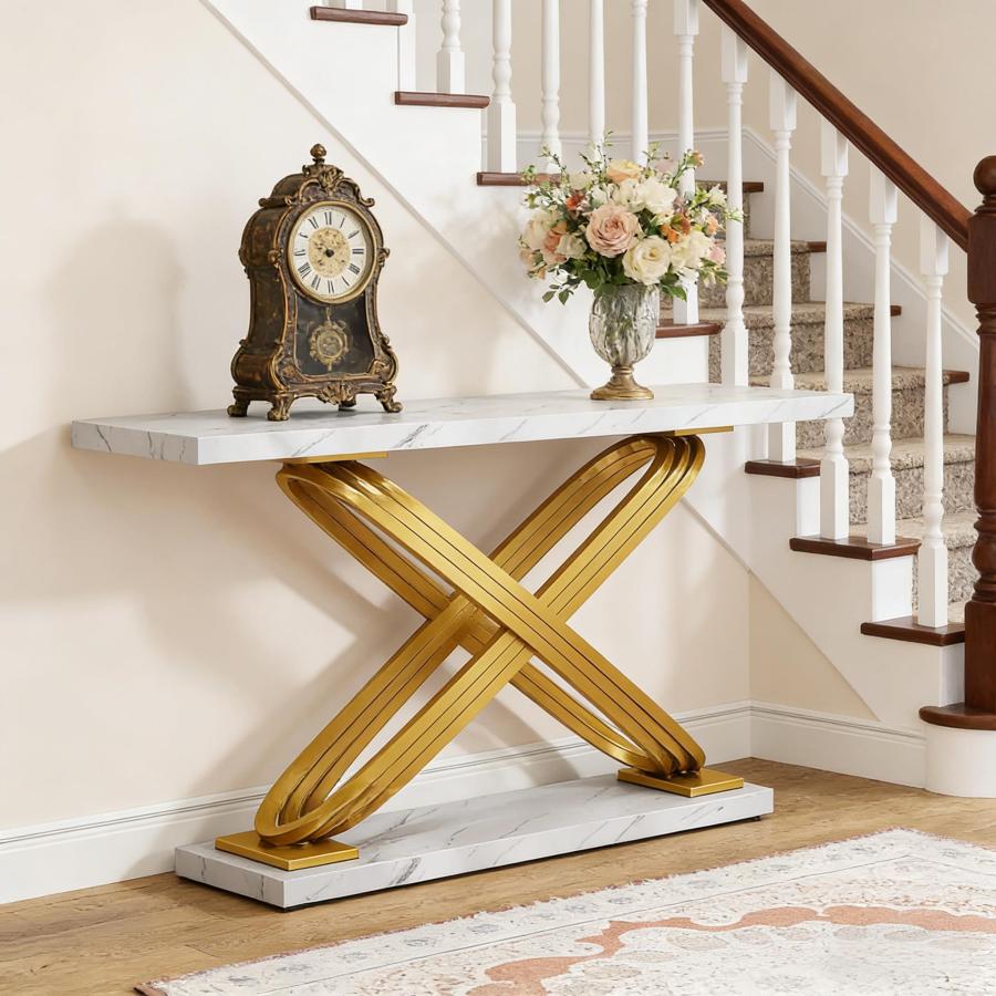 Mesa consola para recibidor y pasillo metal dorado y blanco