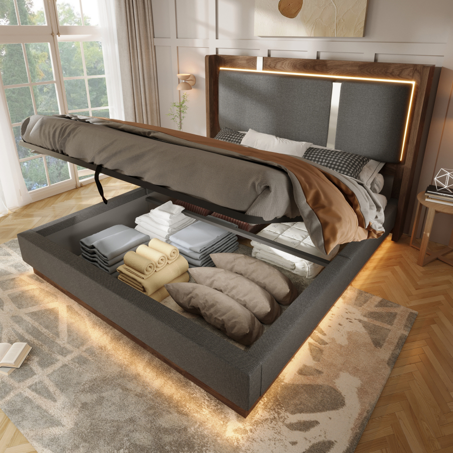 Cama tapizada 140x190 cm con LED y canapé de lino y madera – gris y nogal
