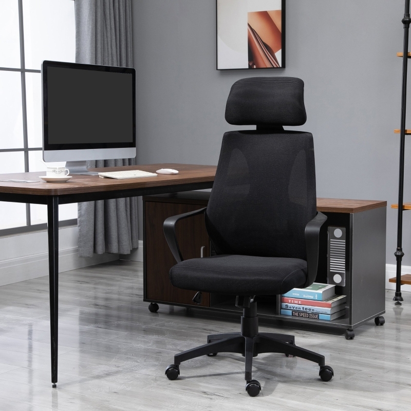 Silla de oficina ergonómica ajustable poliéster negra con reposacabezas