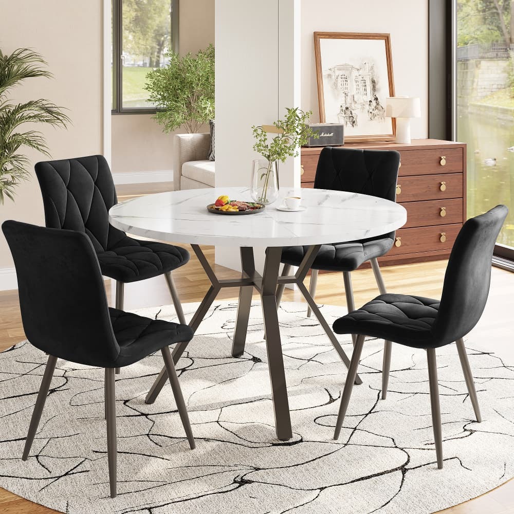 Conjunto de mesa y sillas mdf mármol negro blanco redonda 5 piezas