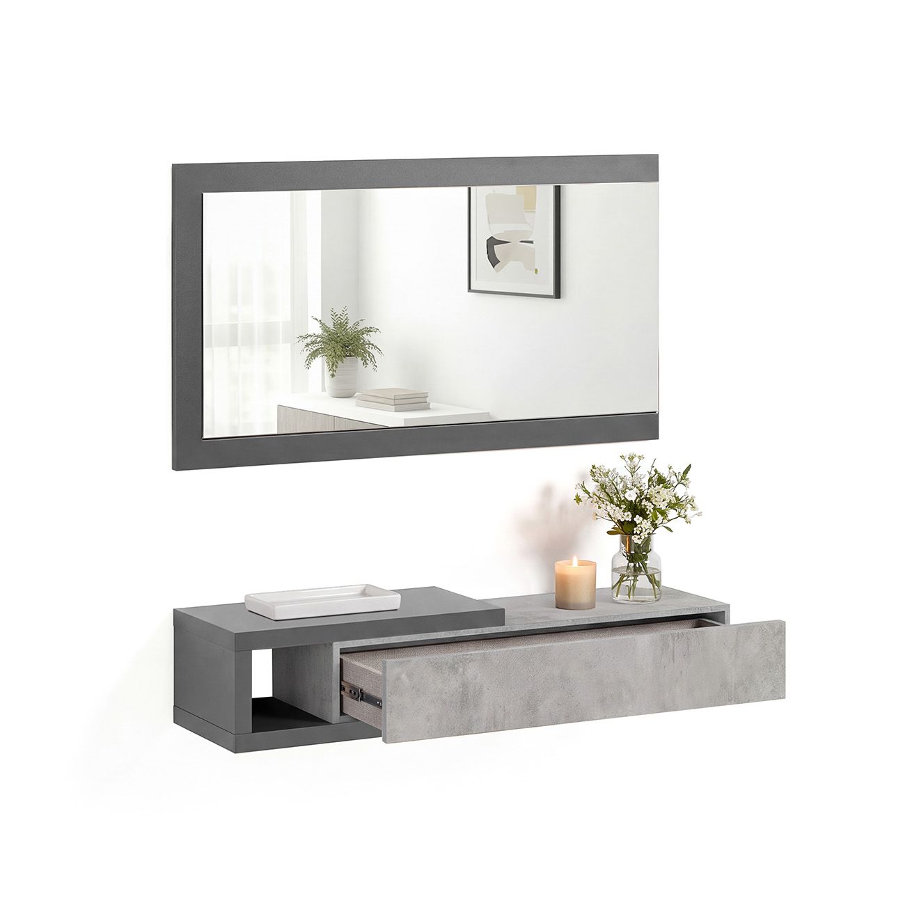 Mueble recibidor con 1 cajón y espejo 95 cm derek grafito - gris