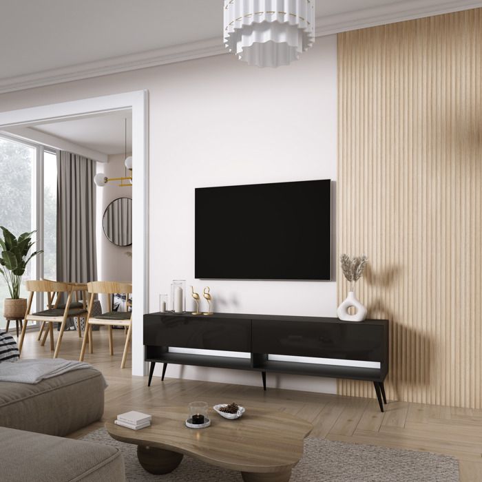 Mueble tv diseño - negro mate y LED - patas 170x32x52 cm