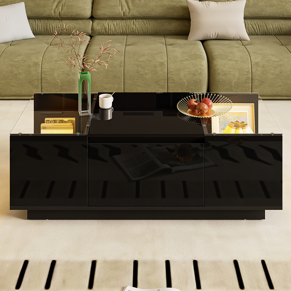 Mesa de centro,LED+tablero de cristal,negro