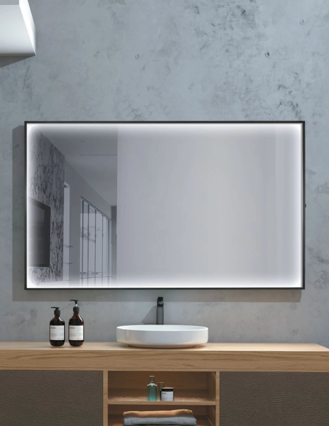 Espejo con luz LED marco color negro mate anti-vaho, sensor on/off 120x80